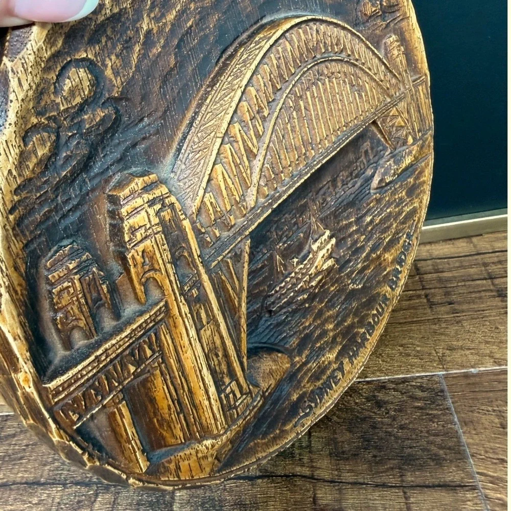 Vintage F Rentz Sydney Harbour Bridge Wall Plaque 3D Wood Carved Relief 7.5